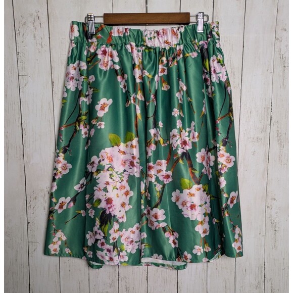 Floral Satin Pleated Skirt Green Pink Cherry Blossom Midi Size XL Cottagecore - Picture 3 of 8